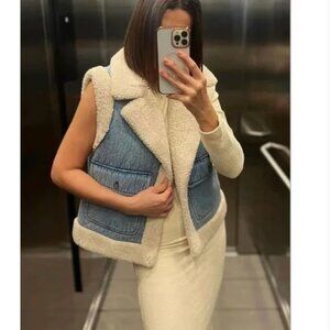 NWT ZARA ZW COLLECTION DOUBLE FACED VEST INDIGO